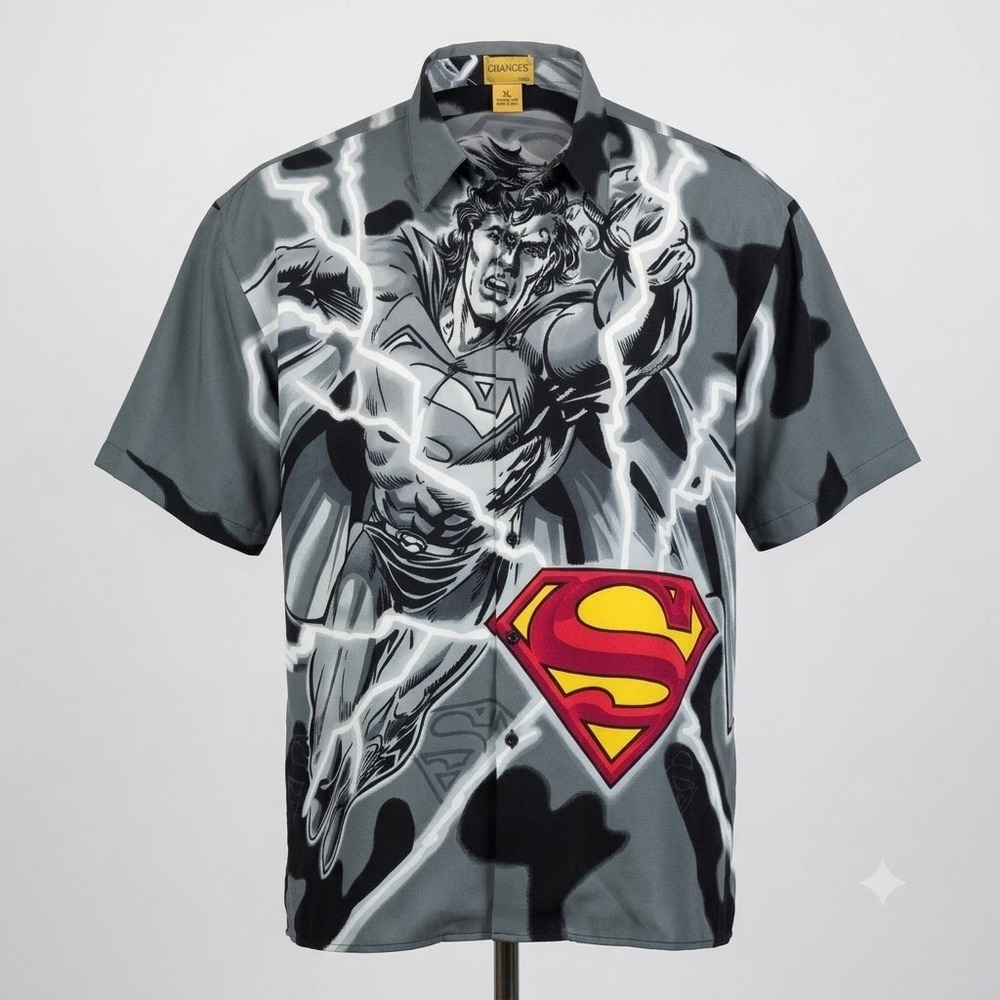 RARE VINTAGE Changes Superman All Over Button‎ Up Shirt XL DC Comic Man of Steel